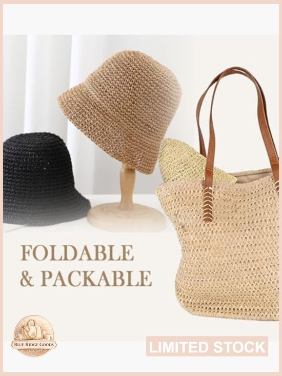 Women Straw Sun Hat Packable Foldable Floppy Wide Brim Beach Bucket Hat UV main image 3